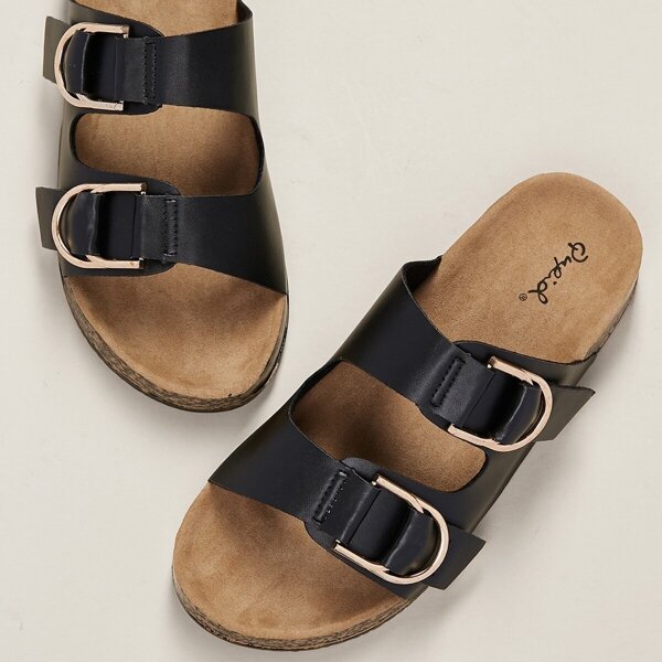 

Double Buckle Cork Sole Sandals, Black