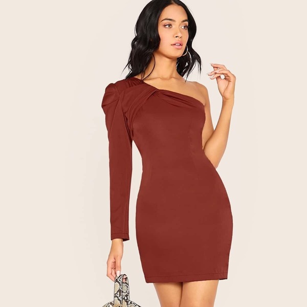 

Pleated Long Sleeve One Shoulder Mini Dress, Burgundy