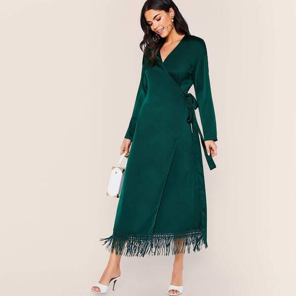 

Fringe Lace Hem Surplice Wrap Satin Dress, Green