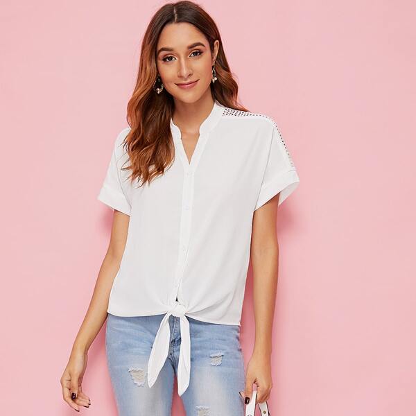 

Lace Insert Button Front Tie Hem Blouse