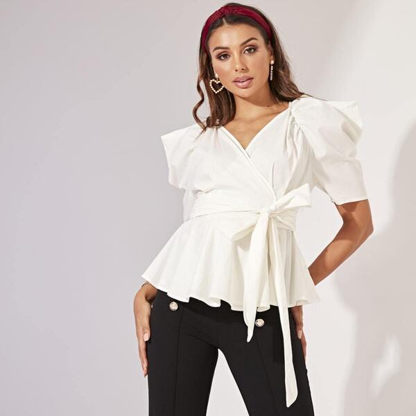

Exaggerate Puff Sleeve Surplice Wrap Top, White
