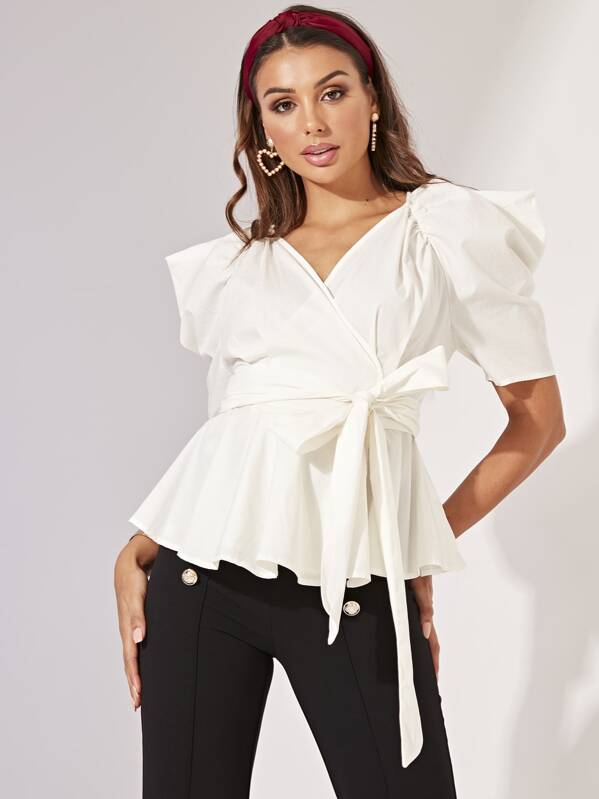 

Exaggerate Puff Sleeve Surplice Wrap Top, White, Amira S