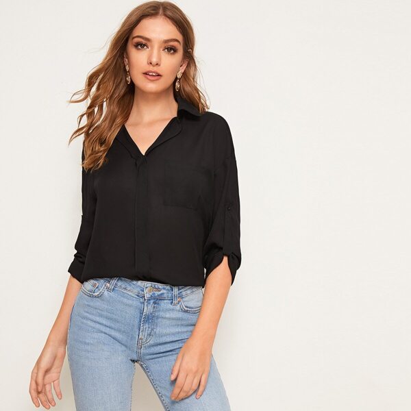 

Roll Up Sleeve Pocketed Patched Collar Shirt