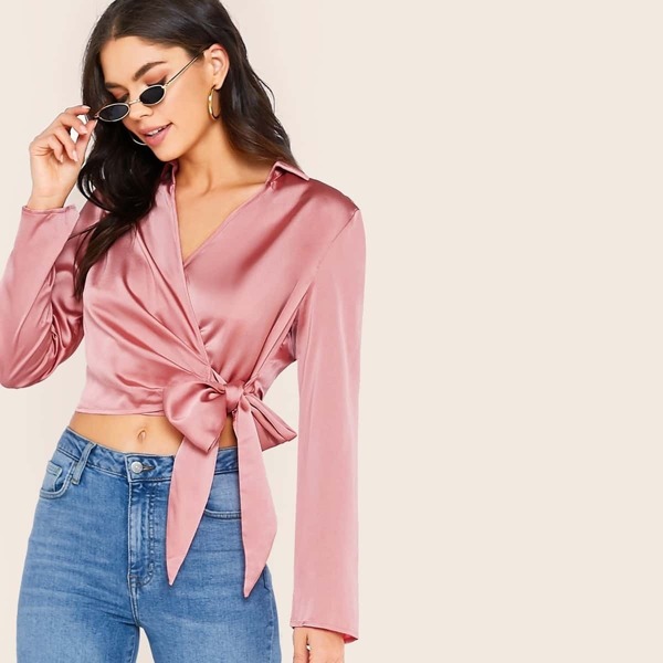 

Solid Wrap Knotted Satin Top, Pink
