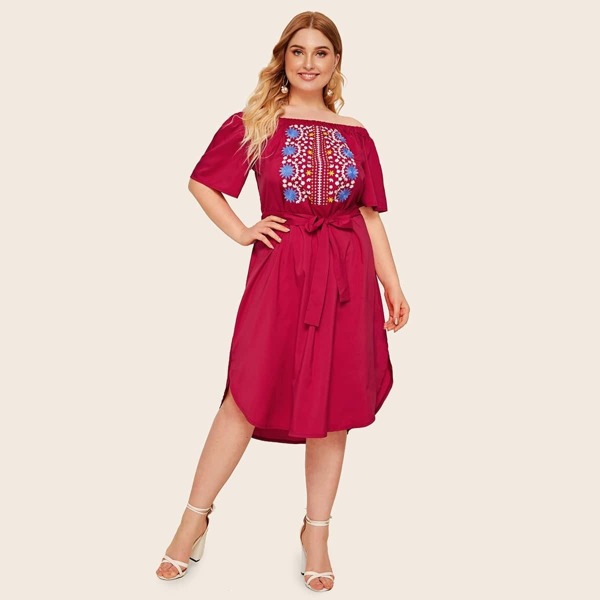 

Plus Tribal Embroidery Belted Bardot Dress, Red
