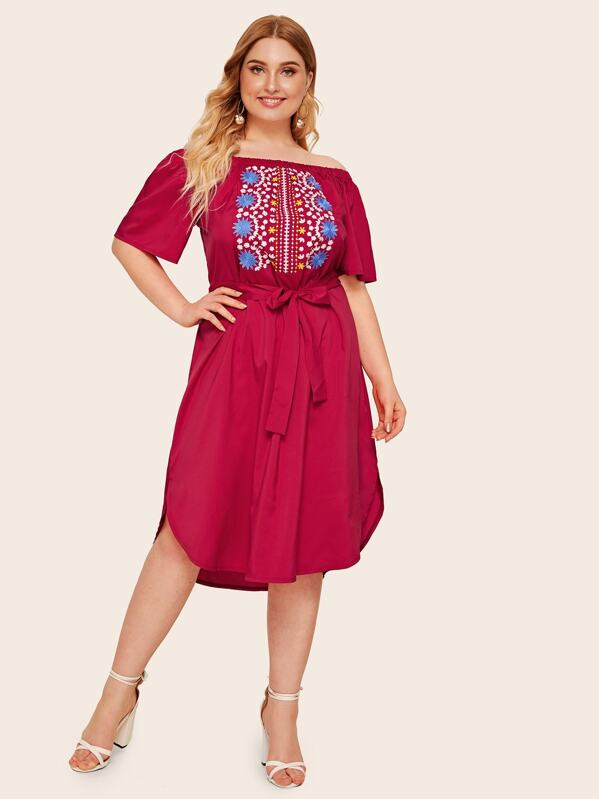 

Plus Tribal Embroidery Belted Bardot Dress, Red, Nora