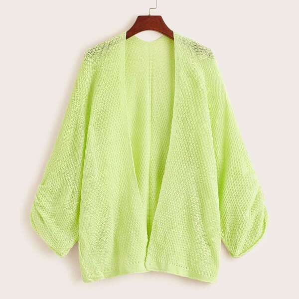 

Neon Lime Ruched Sleeve Cable Knit Solid Cardigan