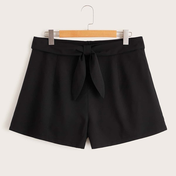 

Plus Tie Front Solid Shorts, Black