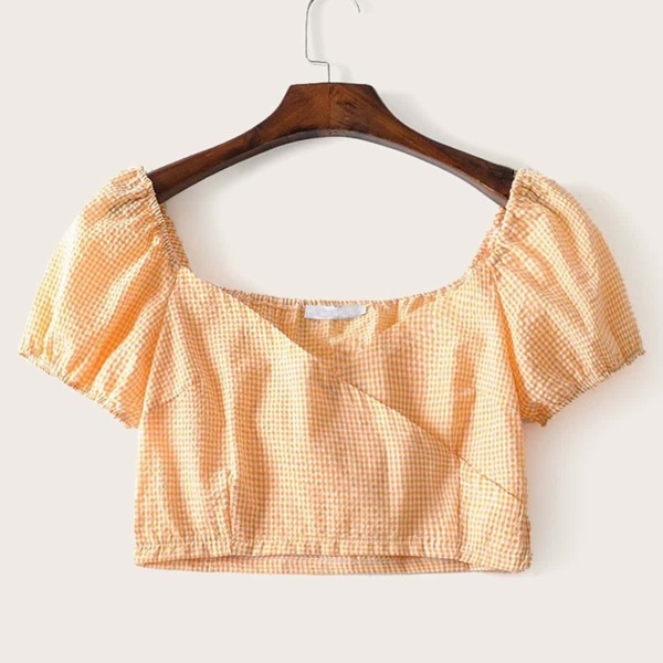 

Puff Sleeve Gingham Surplice Crop Top, Orange