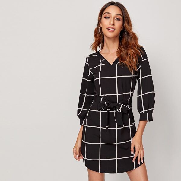

V-Neck Grid Curved Hem Belted Dress