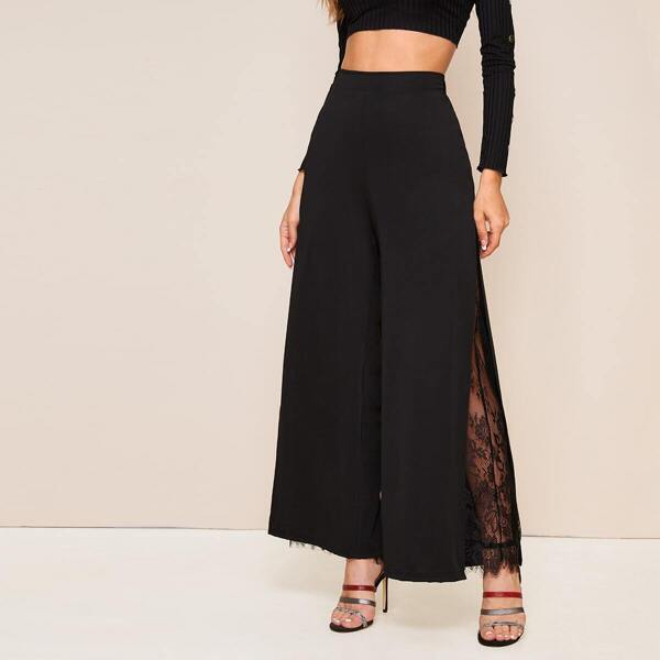 

Lace Insert Split Thigh Wide Leg Pants
