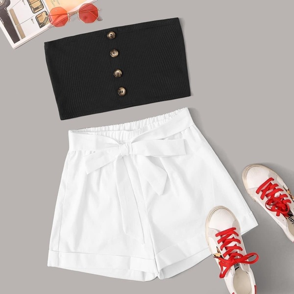 

Strapless Button Front Rib-Knit Top With Belted Shorts, Black and white