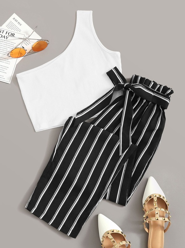 

One Shoulder Rib-Knit Crop Top With Striped Belted Pants, Black and white