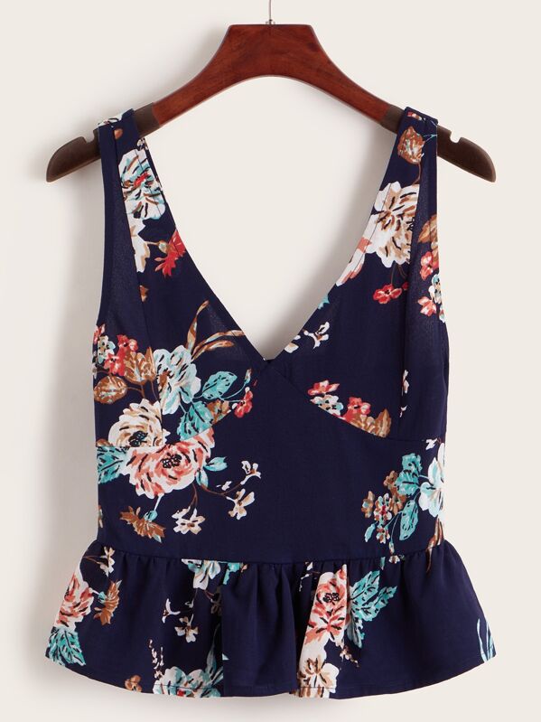 

V-neck Floral Print Shirred Peplum Tank Top, Navy
