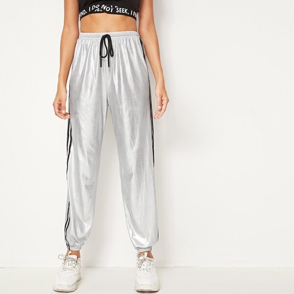 

Drawstring Waist Side Striped Metallic Pants