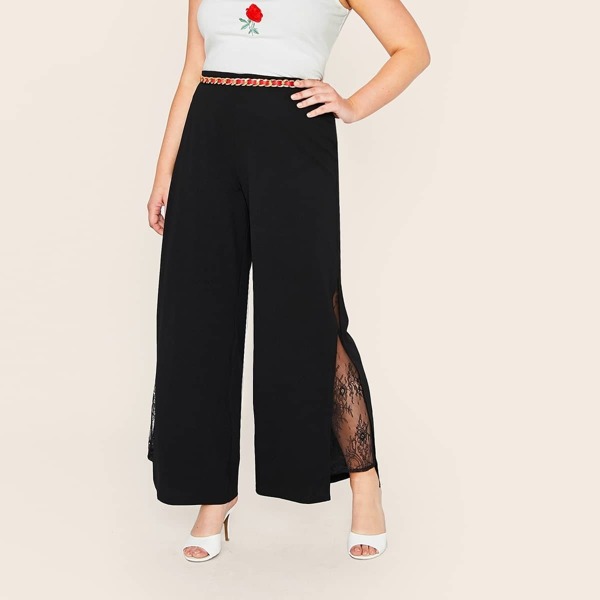 

Plus Eyelash Lace Insert Split Palazzo Pants