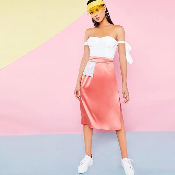 

Solid Split Thigh Zip Side Satin Skirt, Pink