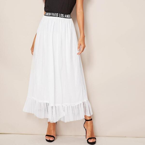 

Lettering Tape Waistband Swiss Dot Mesh Overlay Skirt
