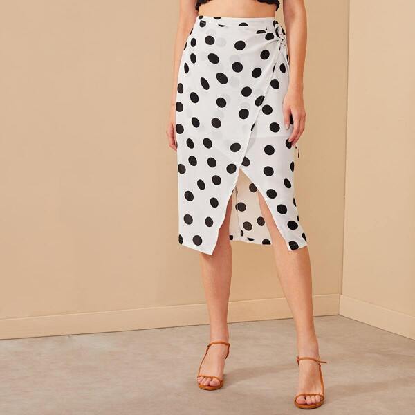 

Polka-dot Split Hem Wrap Belted Skirt, White
