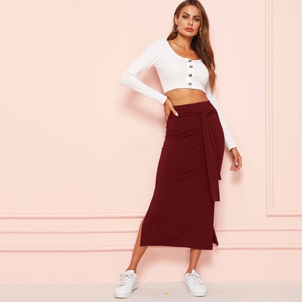 

Solid M-slit Hem Tie Front Skirt, Burgundy