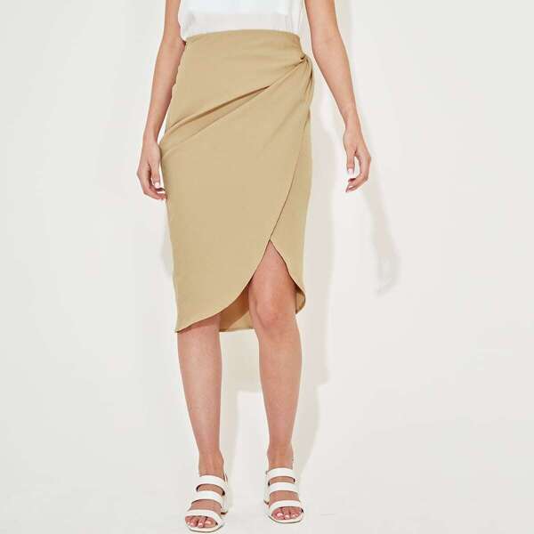 

High Waist Wrap Twist Side Skirt, Khaki pastel