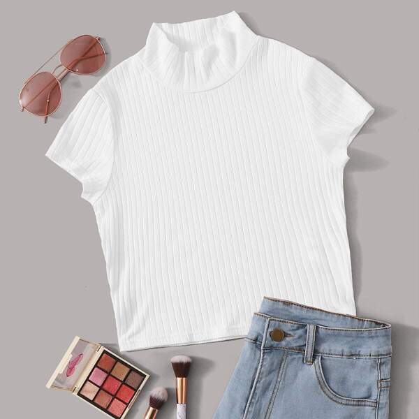 

High Neck Rib-knit Fitted Top