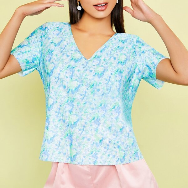 

V-neck Tie Dye Short Sleeve Tee, Blue pastel