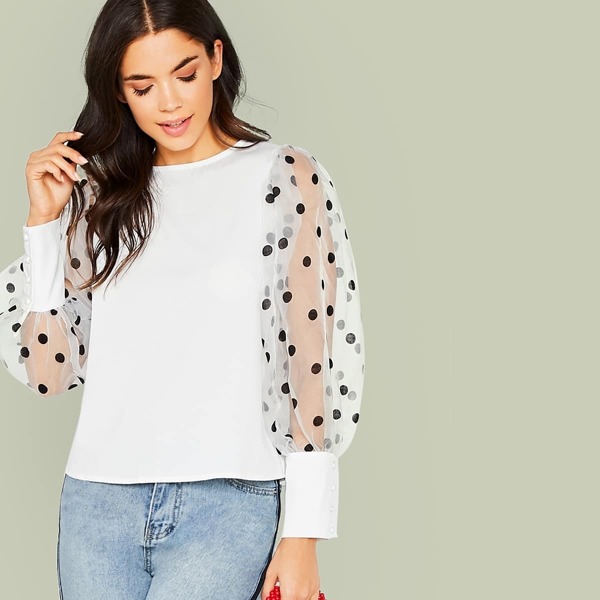 

Flocked Organza Lantern Sleeve Top, White