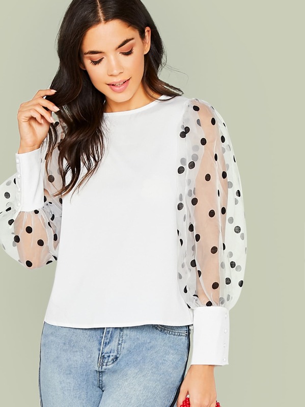 

Flocked Organza Lantern Sleeve Top, White, Aarika Wolf
