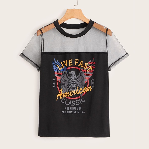 

Graphic Print Mesh Yoke Top, Black