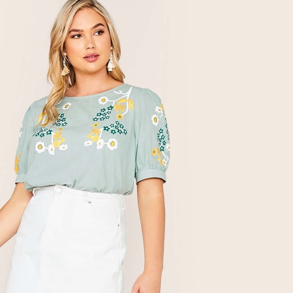 

Plus Flower Print Puff Sleeve Top, Green pastel