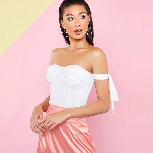 

Off Shoulder Tie Sleeve Bustier Top, White