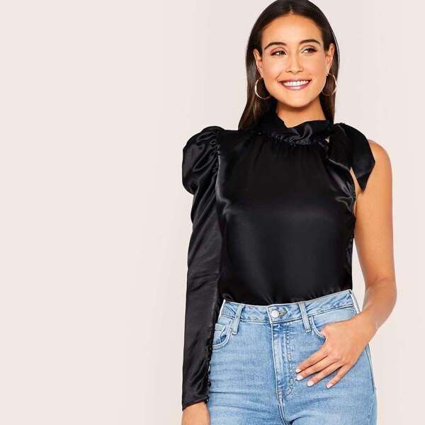 

Tie Neck One Shoulder Puff Sleeve Satin Top