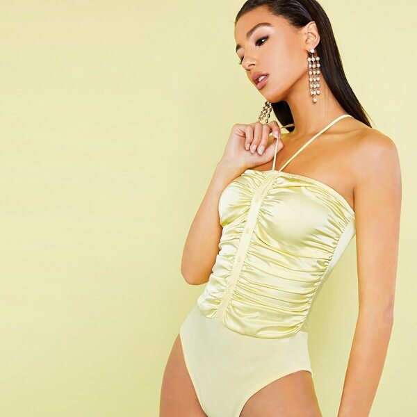 

Button Up Ruched Satin Bodysuit, Yellow pastel