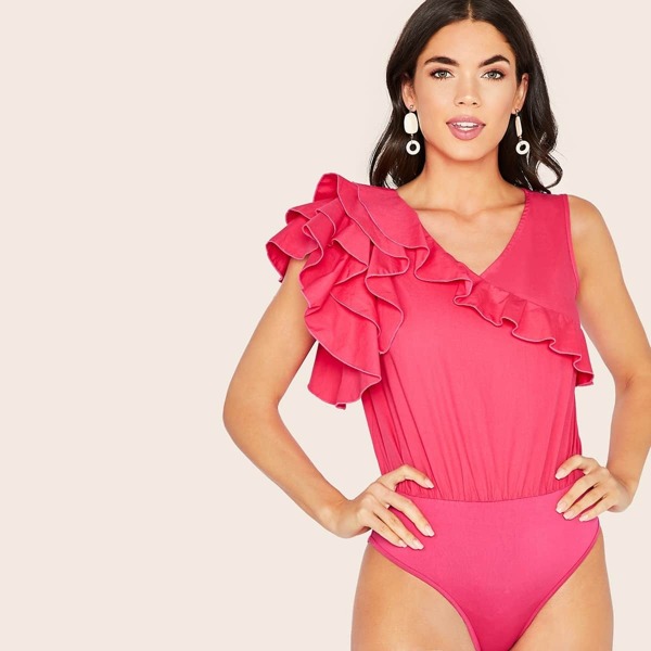 

Layered Ruffle Trim Asymmetrical Sleeve Bodysuit, Pink