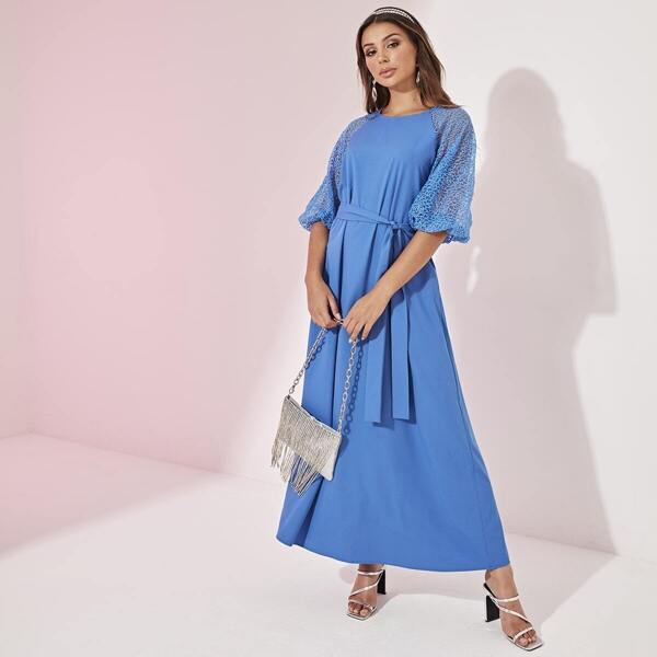 

Embroidered Mesh Raglan Sleeve Belted Dress, Blue