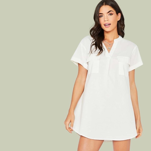 

V-cut Neck Flap Pocket Curved Hem Dress