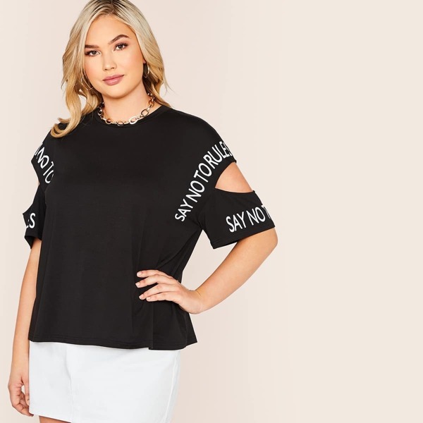 

Plus Cut Out Sleeve Slogan Print Top, Black