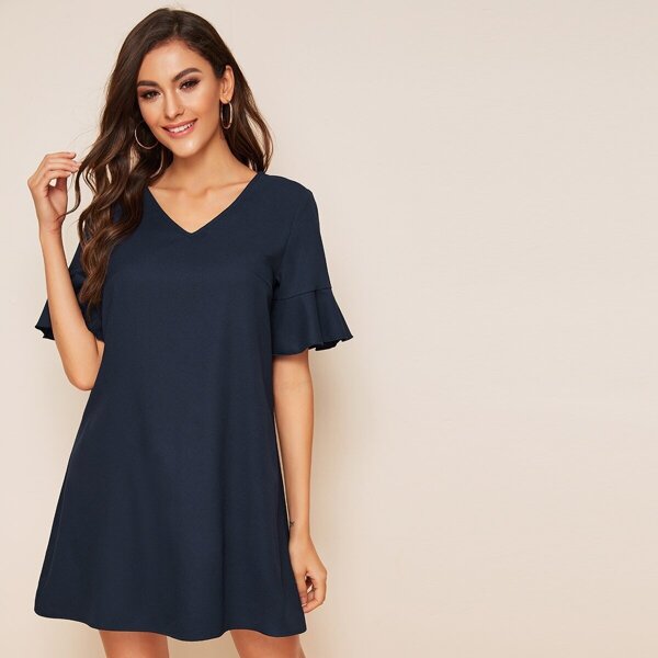 

V-neck Ruffle Cuff Swing Dress