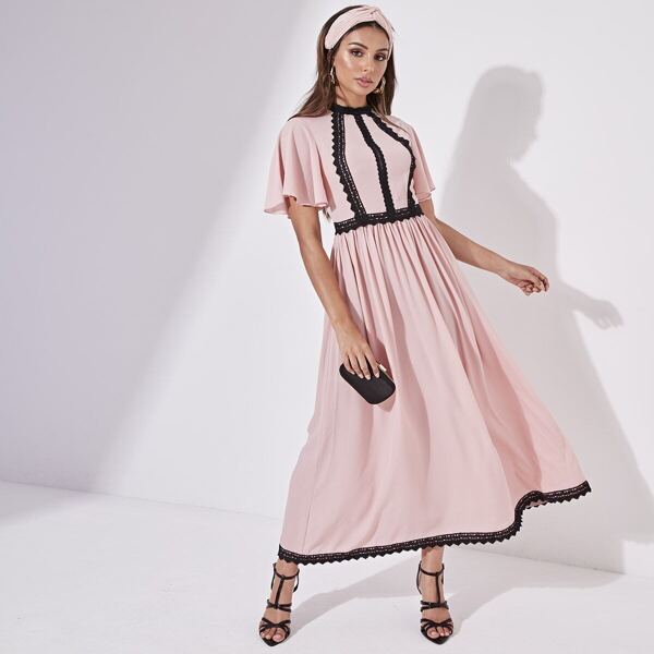

Contrast Lace Detail Flutter Sleeve Flare Dress, Pink