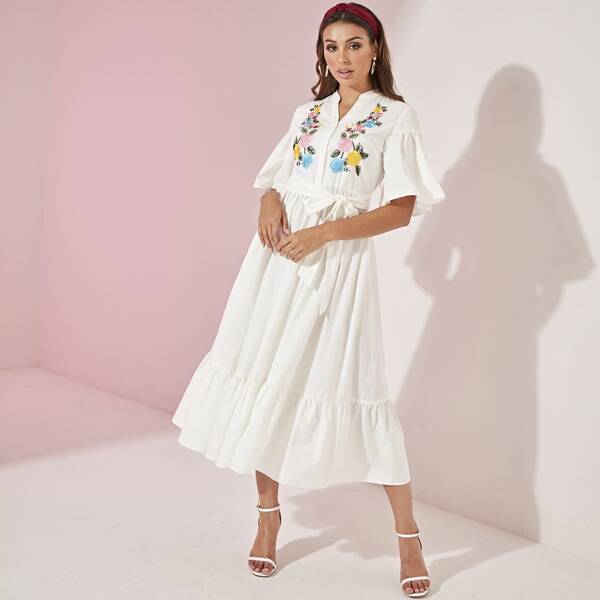 

Notched Neck Embroidery Detail Ruffle Hem Belted Dress, White