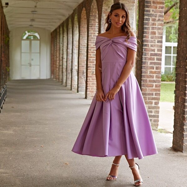 

Solid Off Shoulder Twist Front Zip Back Dress, Purple