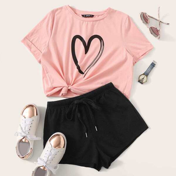 

Heart Print Cuffed Top & Drawstring Waist Shorts Set
