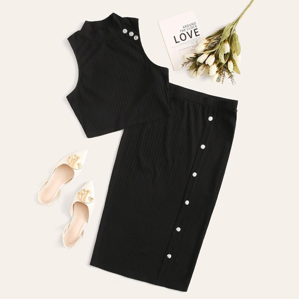 

Buttoned Detail Rib-knit Tank Top & Pencil Skirt Set