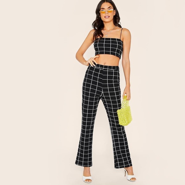 

Grid Print Cami Crop Top & Flare Leg Pants Set