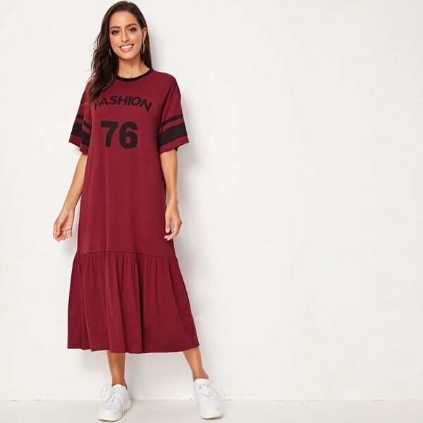 

Striped & Slogan Print Ruffle Hem Dress