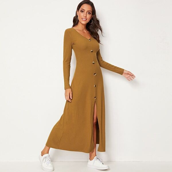

Button Up Split Rib-knit Dress