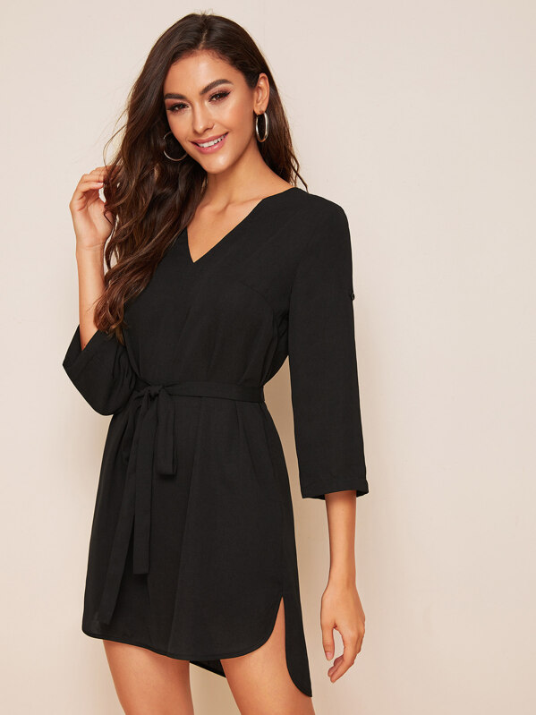 

Roll Up Sleeve Self Belted Dip Hem Dress, Black, Carol A