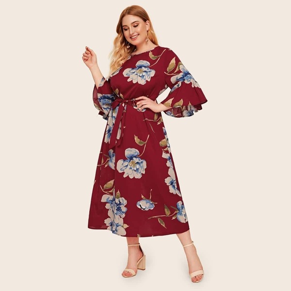 

Plus bell Sleeve Botanical Print Belted Dress, Burgundy