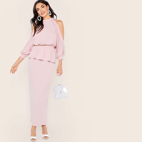 

Cold Shoulder Blouson Peplum Top & Split Skirt Set, Pink